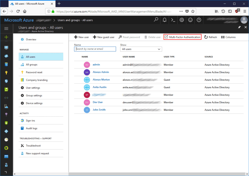 Microsoft Azure administrative account display